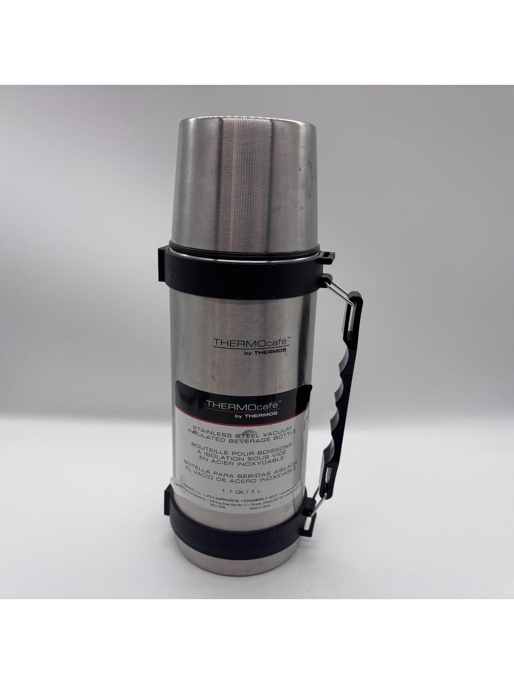 Thermos THERMOcafé Stainless Steel Insulated Beverage Bottle 1 Liter Strap & Cup